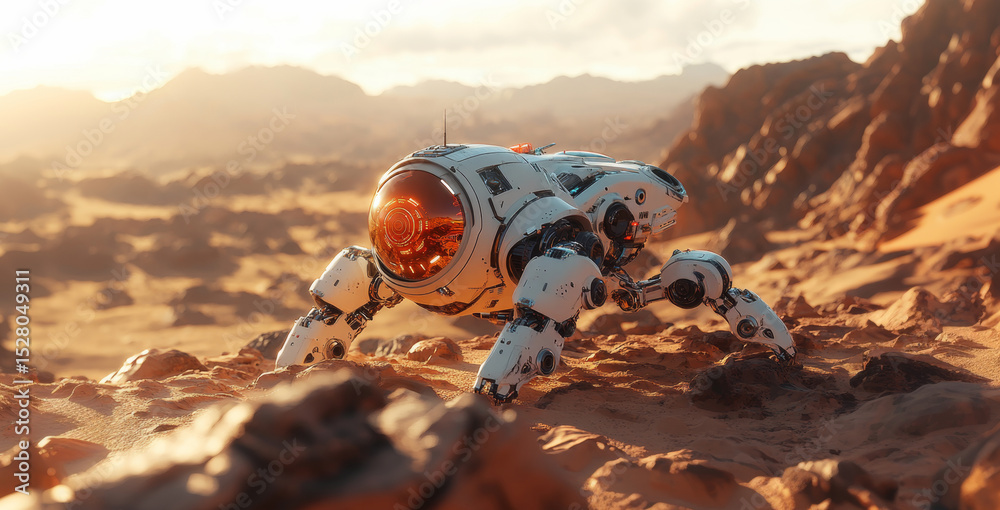 Poster a robotic explorer navigates the rugged landscape of an alien planet under a hazy sky.