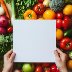 Top view fresh produce layout with central blank paper ideal for recipe, diet, or wellness template mockup image