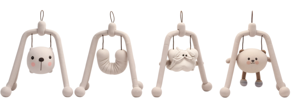 A set of four white baby swings with a bear on them.