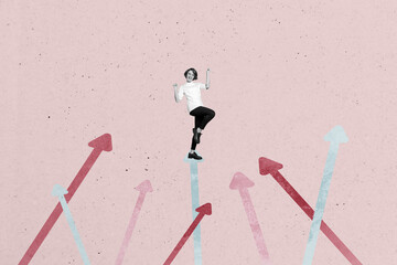 Image contemporary photo collage of happy businesswoman stand arrow pointer development career...