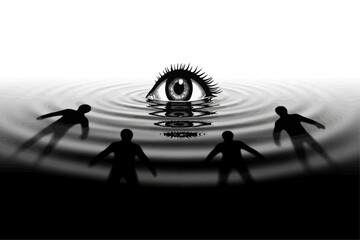A large eye with intricate eyelashes reflected in rippling dark water, human silhouettes surrounding seemingly drawn towards eye. 