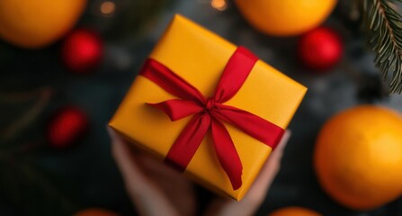 Brightly wrapped gift in yellow with red ribbon under holiday decor