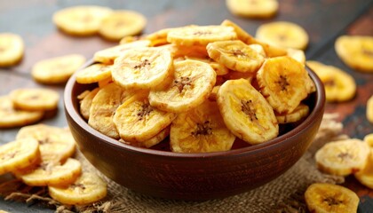 Delectable Banana Chips Delights in a Rustic Wooden Bowl Arrangement