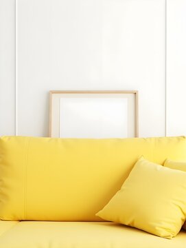 A yellow couch and a picture frame in front of a white wall