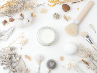 Natural skincare flat lay with cream, cotton balls and dried botanicals

