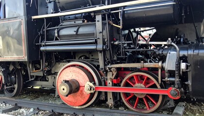 Nostalgic journey close-up of vintage steam locomotive wheels and chassis system