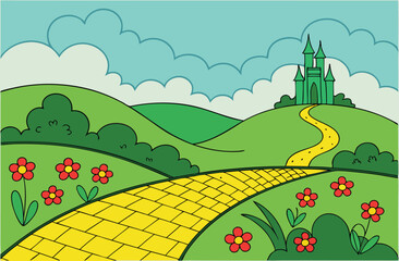 Fantasy Yellow Brick Road to Emerald Castle – Whimsical Landscape Illustration
