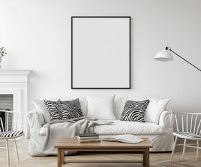 Modern minimalist living room with a blank frame.  Cozy and bright