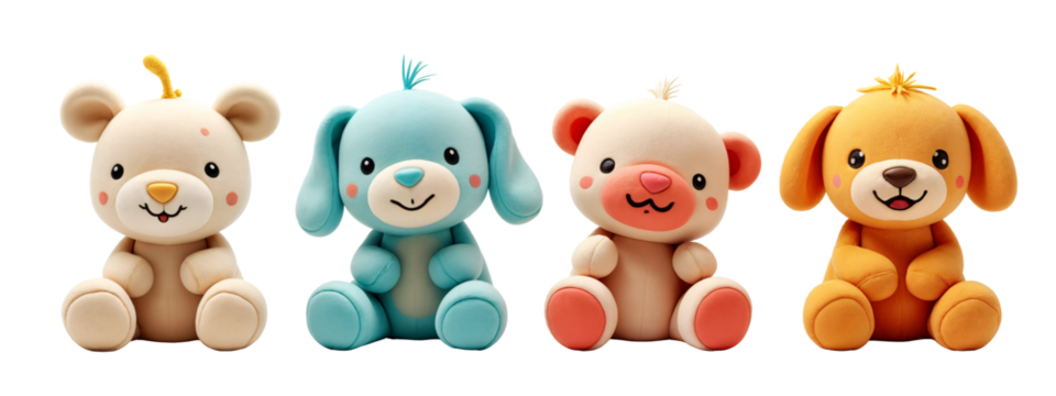 A group of four stuffed animals sitting next to each other.