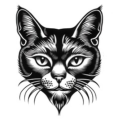 Vector black and white illustration of cat head with intricate engraving details for artistic decoration