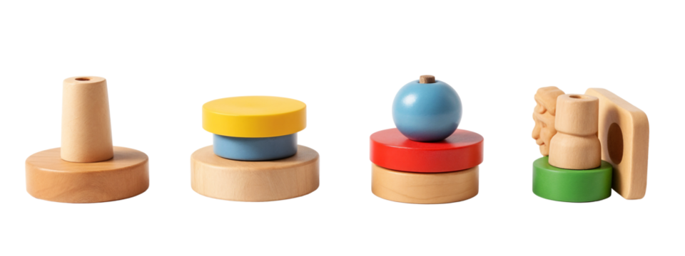 A group of three wooden toys sitting on top of each other.