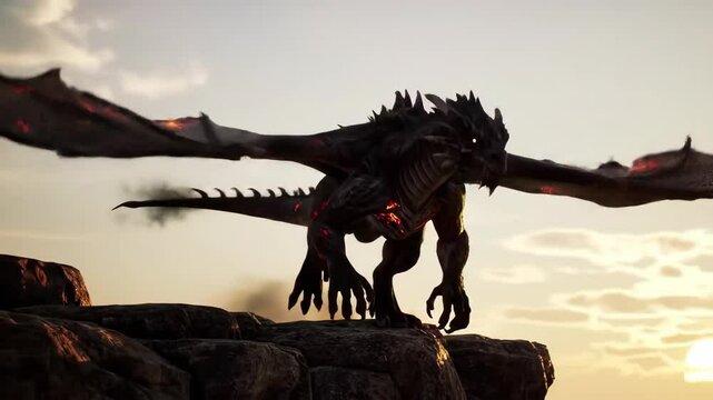 Dragon silhouette on rocky outcrop at sunset