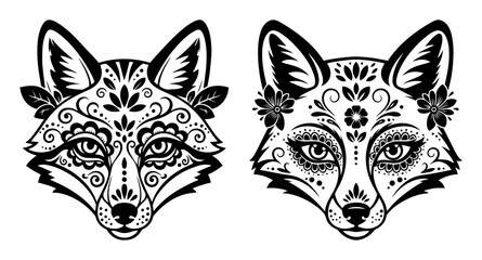 floral decorative fox face vector set