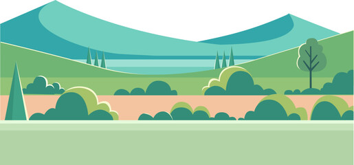 Fototapeta premium Flat Vector Landscape with Mountains and Green Rolling Hills