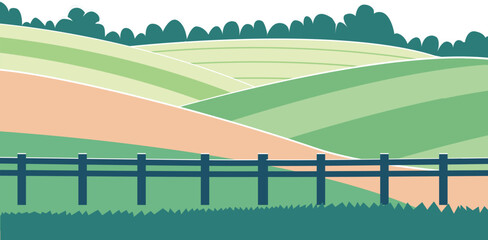 Rolling Hills and Farm Landscape Vector Illustration in Flat Style © onehourhappiness