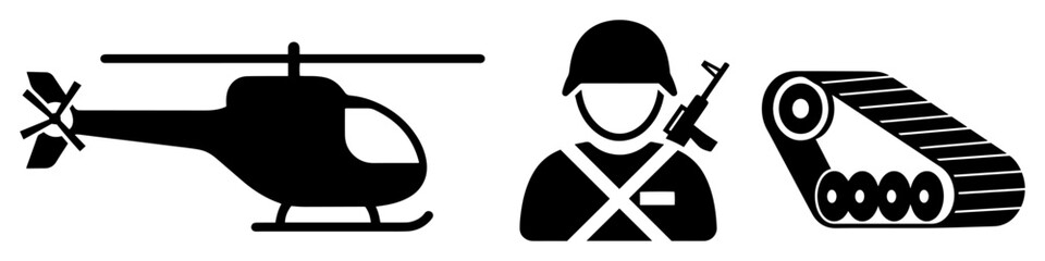 military icon set with soldier helicopter and tank