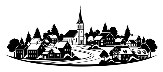 village landscape with church silhouette vector