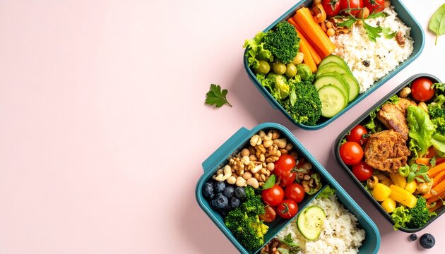 Affordable meal prep concept. Fresh meal prep in colorful containers on a pink background.