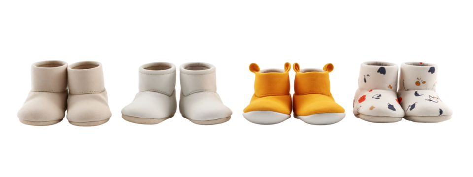 A row of baby booties lined up in a row