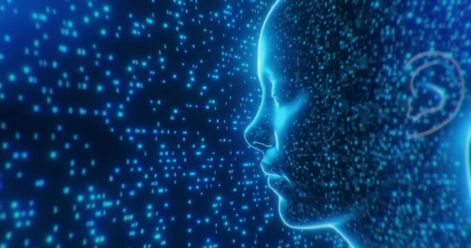 artificial intelligence background human head composed of data points and binary code. Represents concepts of digital mind, machine learning, and futuristic technology.