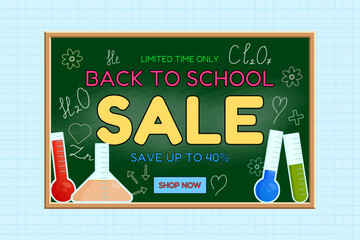 Back to school sale banner with green chalkboard, lab equipment, chemical formulas and discount message on graph background. For seasonal promotion, shopping advertisement, and marketing material.