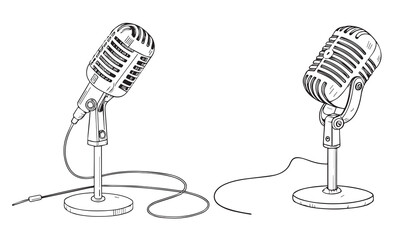 Single one line drawing vintage retro stage microphone. Old technology stand microphone concept for comedian at standup comedy show. Modern continuous line draw design graphic vector illustration