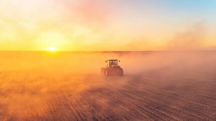 Tractor working in a golden field during sunset on a clear evening