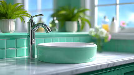 Modern bathroom interior with green tile wall design