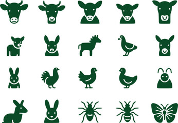 Farm Animal  Insect Silhouettes Icon Set Agriculture Nature Vector Graphics
