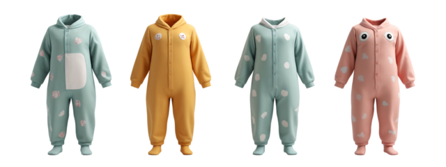 A group of four different colored onesies with different designs on them.
