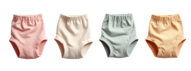 A row of four different colored baby pants