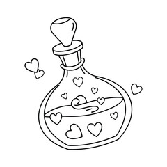 Outline illustration of love potion bottle decorated with hearts for valentine's day designs