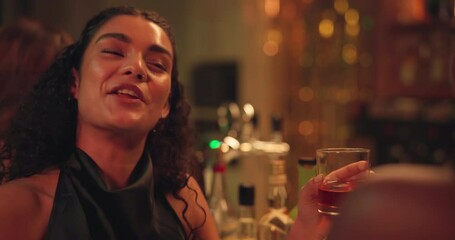 Happy woman, dancing or chat with drink at night club for social, fun conversation or energy at bar. Excited, female person or smile with alcohol in late evening for party chill, vibes or good times