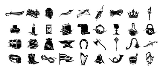 medieval and pirate themed icon set vector
