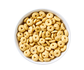 Whole grain cereal rings in a plate isolated on a white background, top view. healthy sweet snack for breakfast.