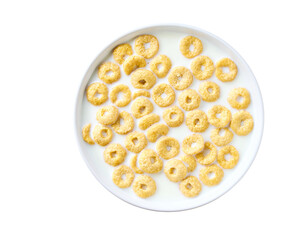 Whole grain cereal rings  with milk in a bowl isolated on a white background, top view.