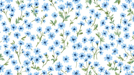 Hand drawn seamless pattern with watercolor flower flowers. Elegant romantic background with blue flower and leaves on a white background	