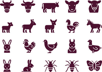 Farm Animal  Insect Silhouettes Icon Set Agriculture Nature Vector Graphics