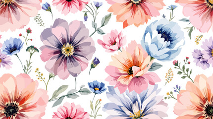 Seamless floral pattern, watercolor background pattern colorful flowers on white background