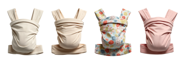 A group of four different colored baby carriers