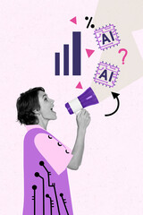 Sketch design trend poster 3D photo collage of young woman talk hand hold megaphone proclaim ai distance lesson autumn season pupil school