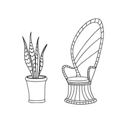 Hand drawn illustration of a chair and potted snake plant in a minimalist style