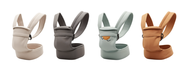 A set of four baby carriers in different colors.