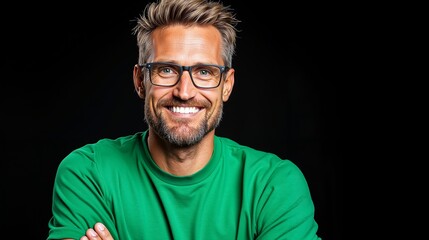 Obraz premium A man with glasses and a green shirt smiles at the camera