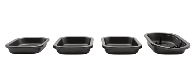 A set of four black plastic bowls