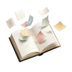 Obraz premium Open Notebook with Flying Sticky Notes - Ideas and Inspiration