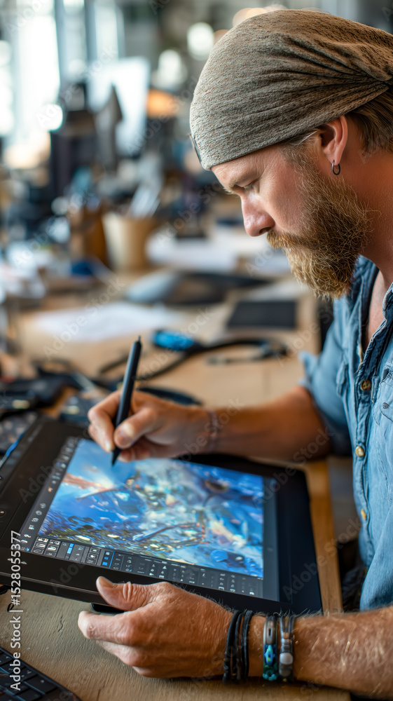 Fototapete Digital artist creating artwork on a large touchscreen display with a stylus, blending technology and creativity. #digitalart