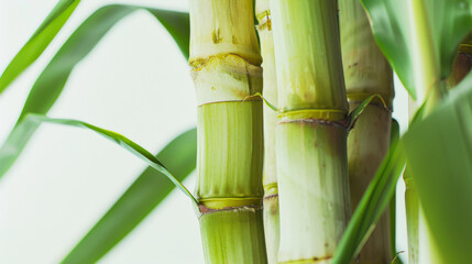 Fototapeta premium Close up of fresh green sugarcane stalks with leaves
