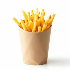 Golden French Fries in a Paper Container on White Background