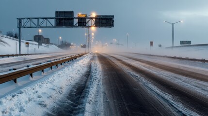 A snowy highway with a yellow sign that says "Slow Down"